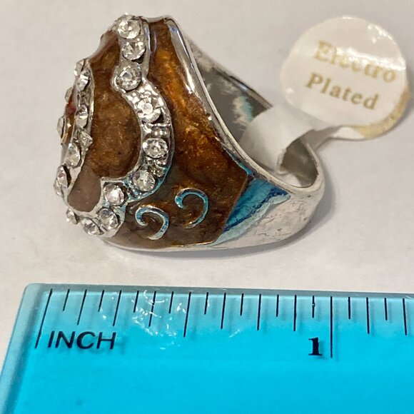 Vintage Brown Enamel Swirl Crystal Cocktail Ring Art Deco Silver Plated Size 8 - Picture 12 of 12